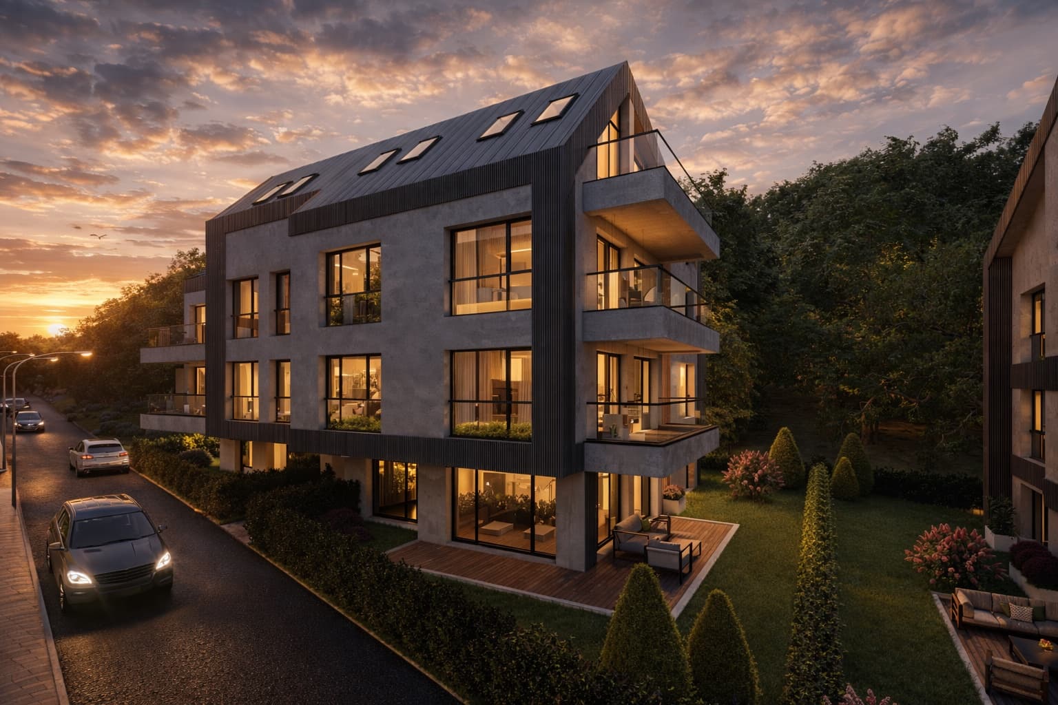 Жилищна сграда в ALTEA RESIDENCE, снимана привечер, с осветени интериори