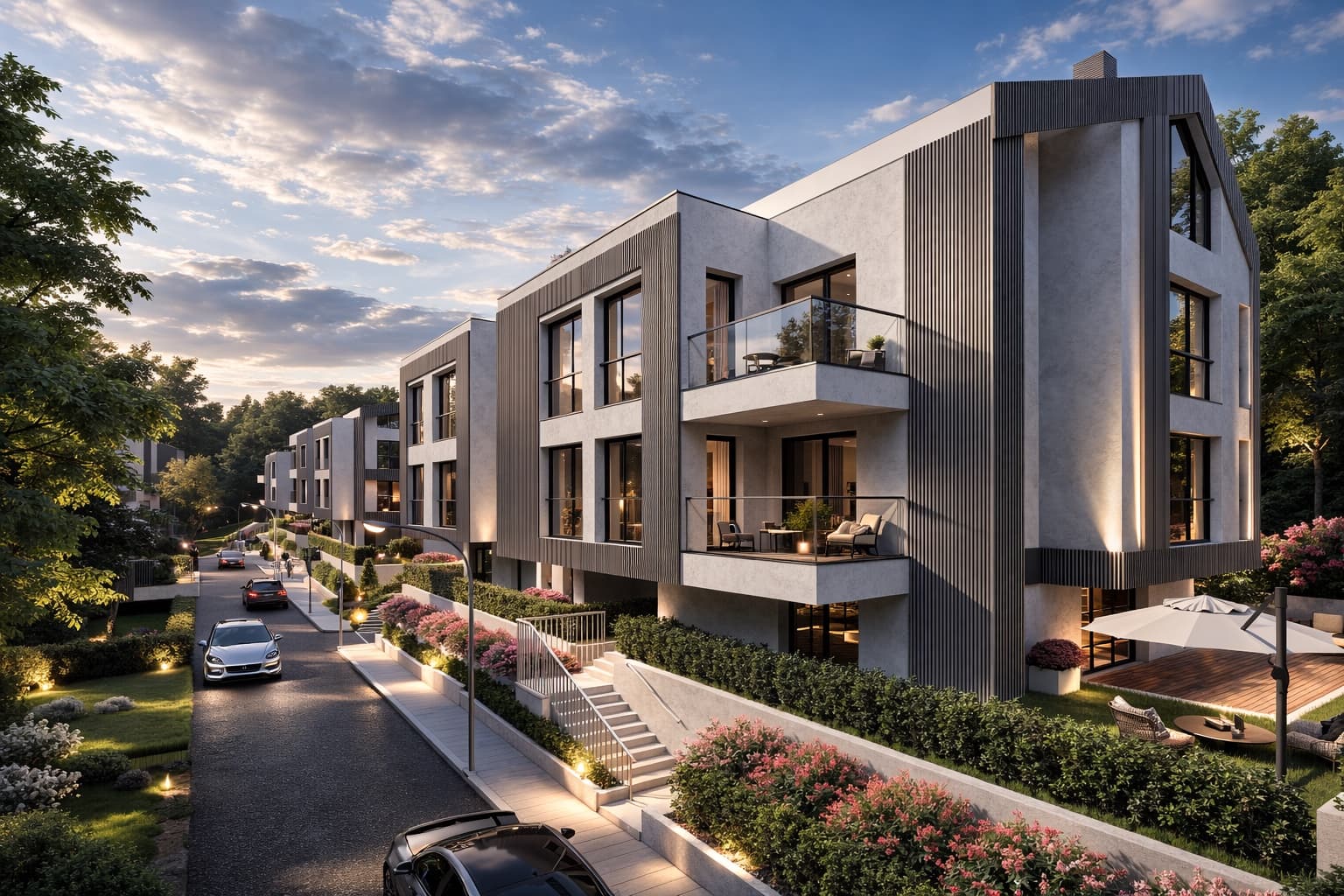 Жилищна сграда в ALTEA RESIDENCE, снимана в здрача, ъглов ракурс