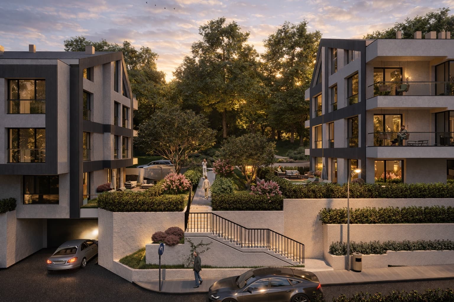 Две сгради на ALTEA RESIDENCE и озеленено стълбище между тях, привечер
