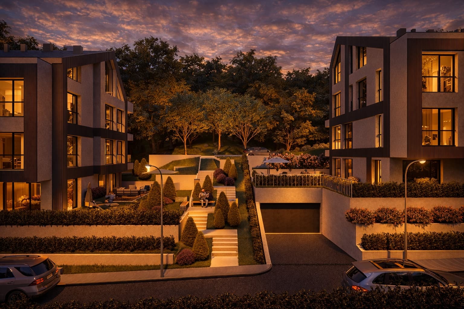 Пътека през градината на ALTEA RESIDENCE между две сгради, привечер