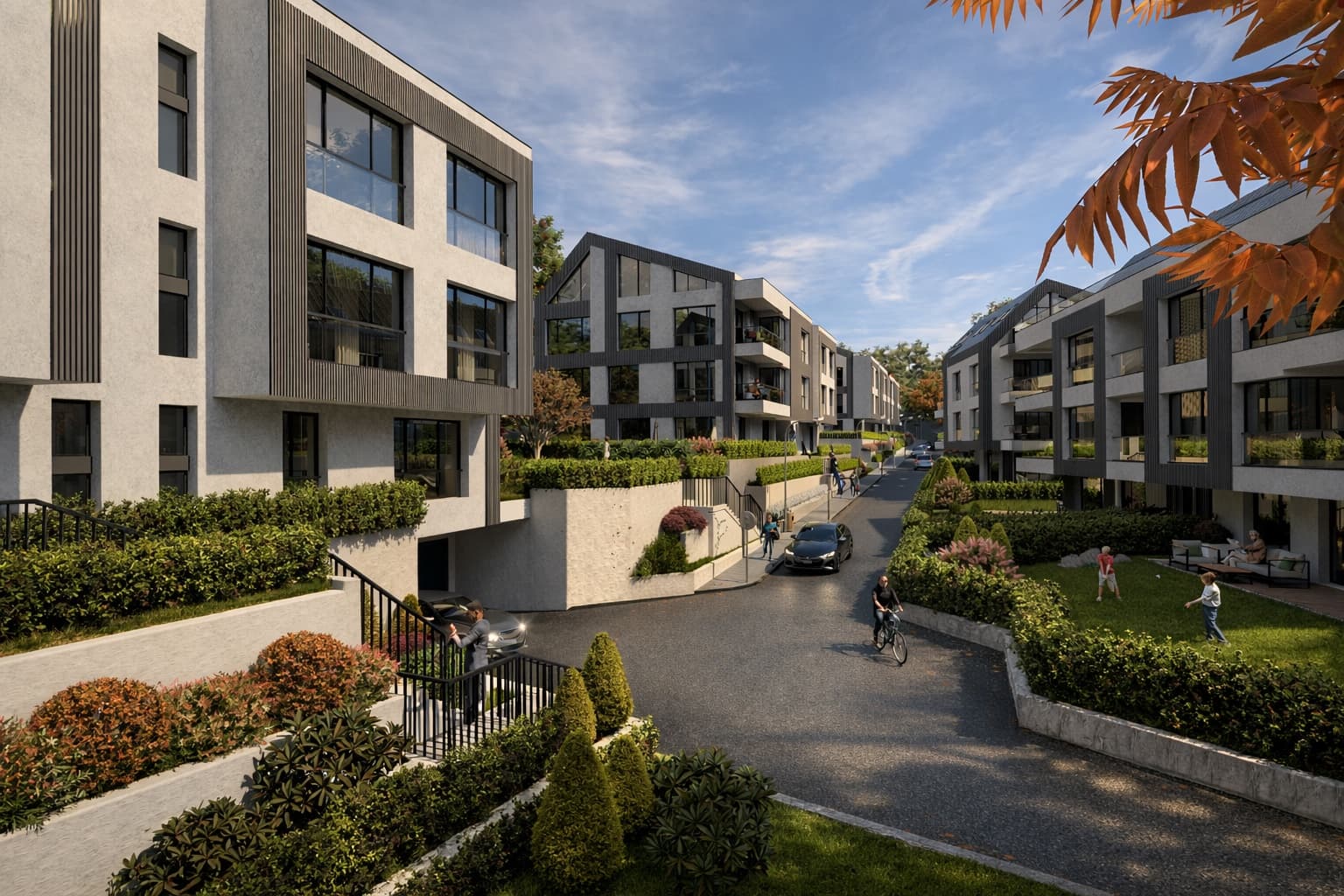 Вътрешна алея на ALTEA RESIDENCE през деня, между няколко от сградите