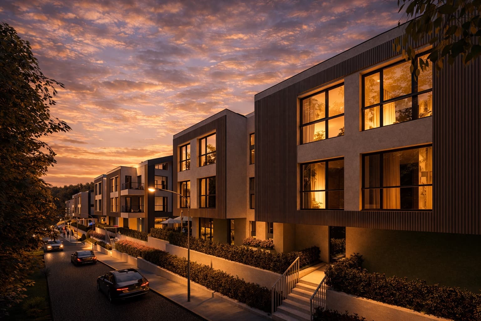 Покривна конструкция и фасадни детайли на сграда в ALTEA RESIDENCE, привечер