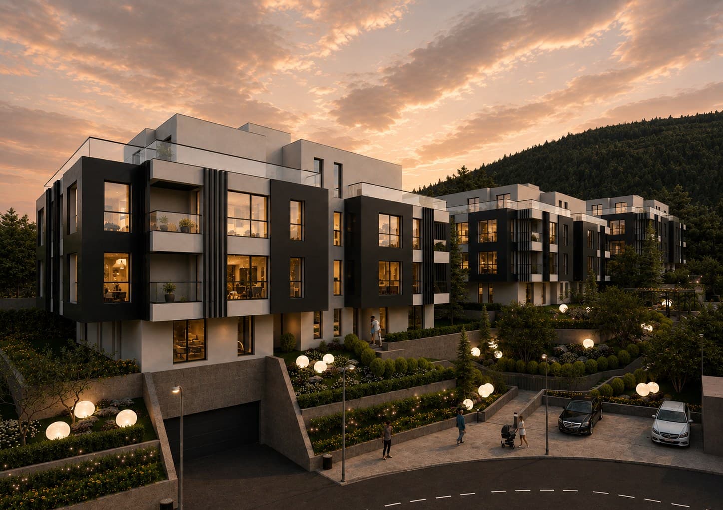 Панорамен вечерен изглед към ALTEA RESIDENCE с входа към комплекса и озеленените дворове