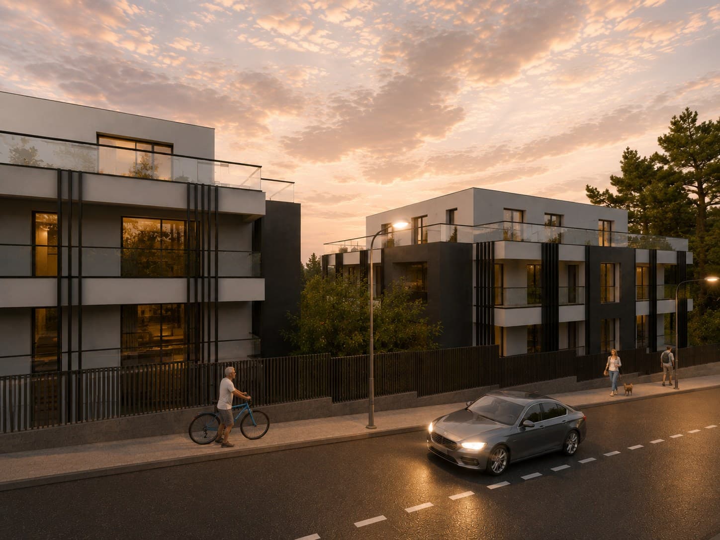 Широк уличен изглед към сградите на ALTEA RESIDENCE с пешеходци и автомобил по залез