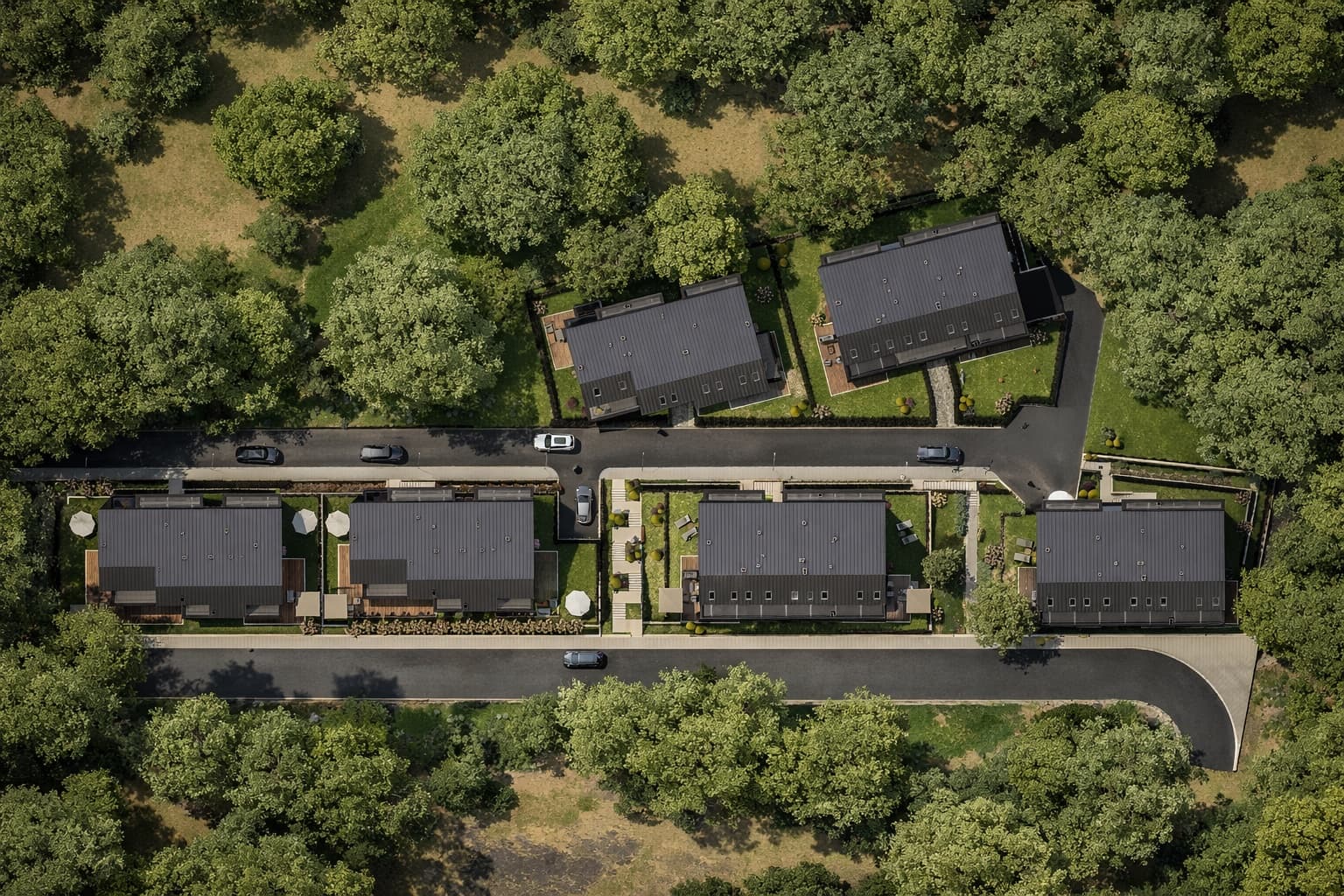 Птичи поглед към комплекс ALTEA RESIDENCE през деня, заобиколен от зеленина